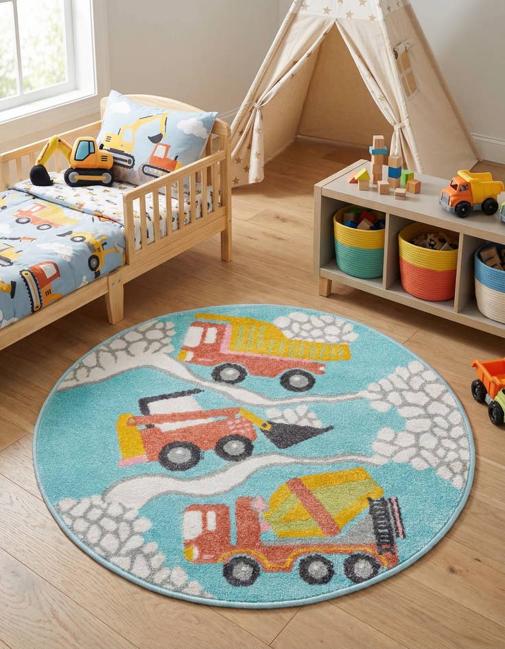 Detail image of 3' 3 x 3' 3 Construction Whimsy Kids Round Rug