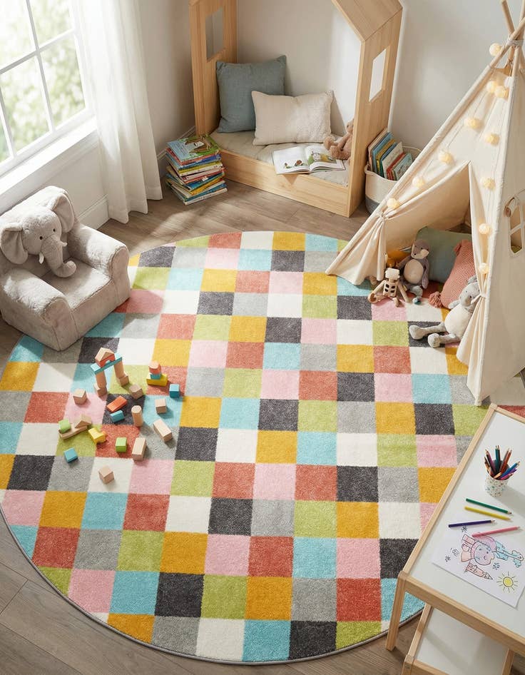 Detail image of 7' 10 x 7' 10 Checkered Whimsy Kids Round Rug