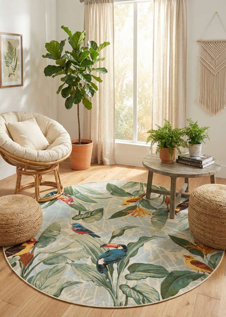 7' x 7' Easy-Clean Botanical Indoor / Outdoor Round Rug
