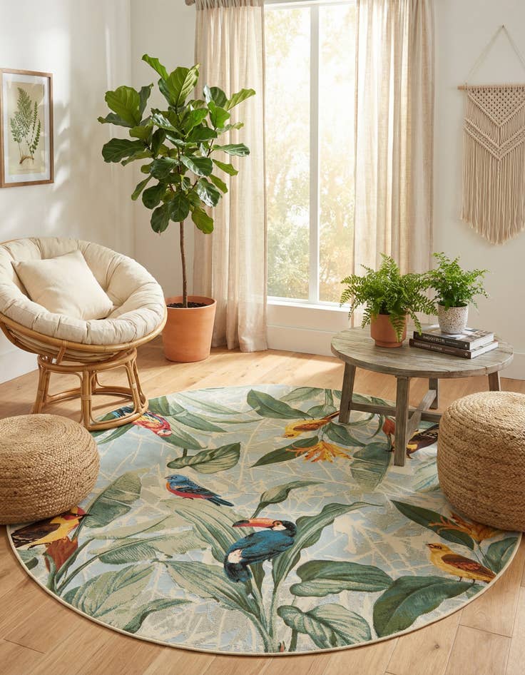 Detail image of 7' x 7' Washable Botanical Indoor / Outdoor Round Rug