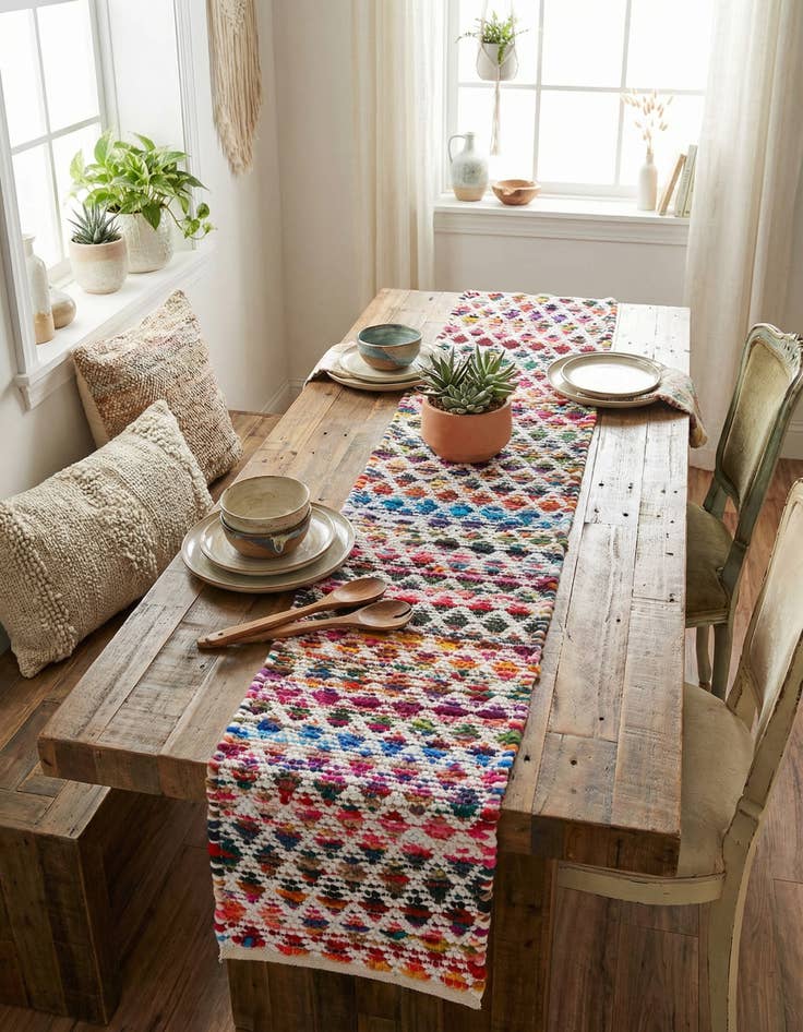 Detail image of 1' 2 x 10' Hand Woven Braided Chindi Table Runner Rug