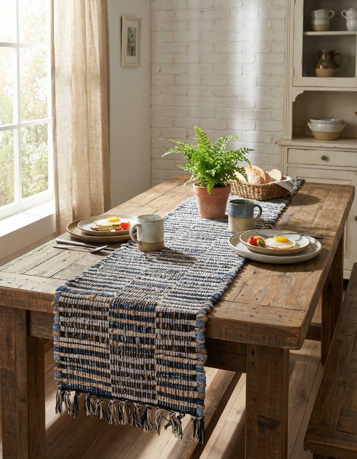 Detail image of 1' 2 x 6' 1  Hand Woven Chindi Jute Table Runner Rug