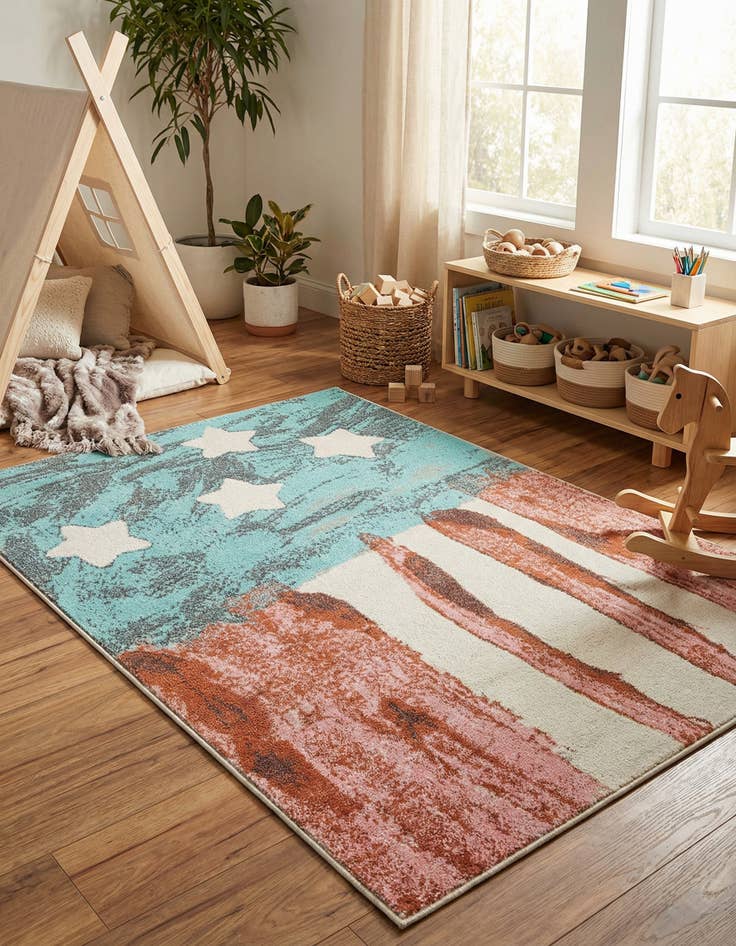Detail image of 4' 1 x 6' 1 American Flag Whimsy Kids Rug