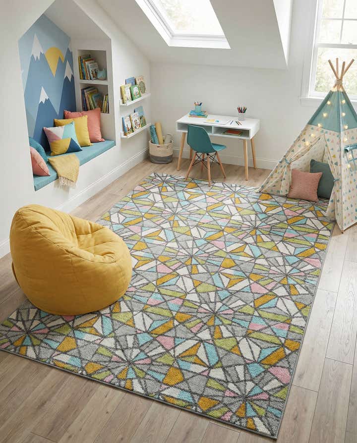 5' 3 x 8' Stained Glass Whimsy Kids Rug