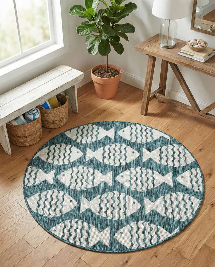 3' 1 x 3' 1 Easy-Clean Coastal Indoor / Outdoor Round Rug