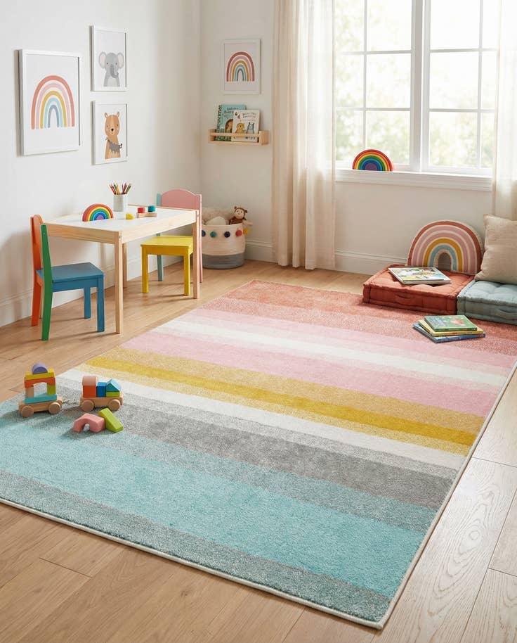 Detail image of 4' x 6' Rainbow Stripes Whimsy Kids Rug