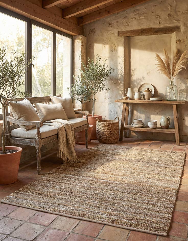 Detail image of 5' 1 x 8'  Hand Woven Leather Metallic Jute Rug