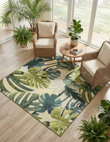 Green Easy-Clean Botanical Indoor / Outdoor Square Rug