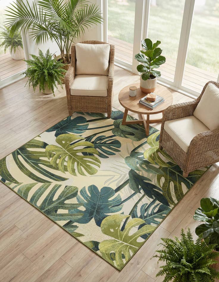 Detail image of 5' 3 x 5' 3 Washable Botanical Indoor / Outdoor Square Rug