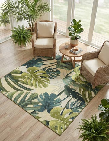 Green Easy-Clean Botanical Indoor / Outdoor Square Rug