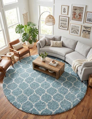 Light Blue Trellis Shag Round Rug