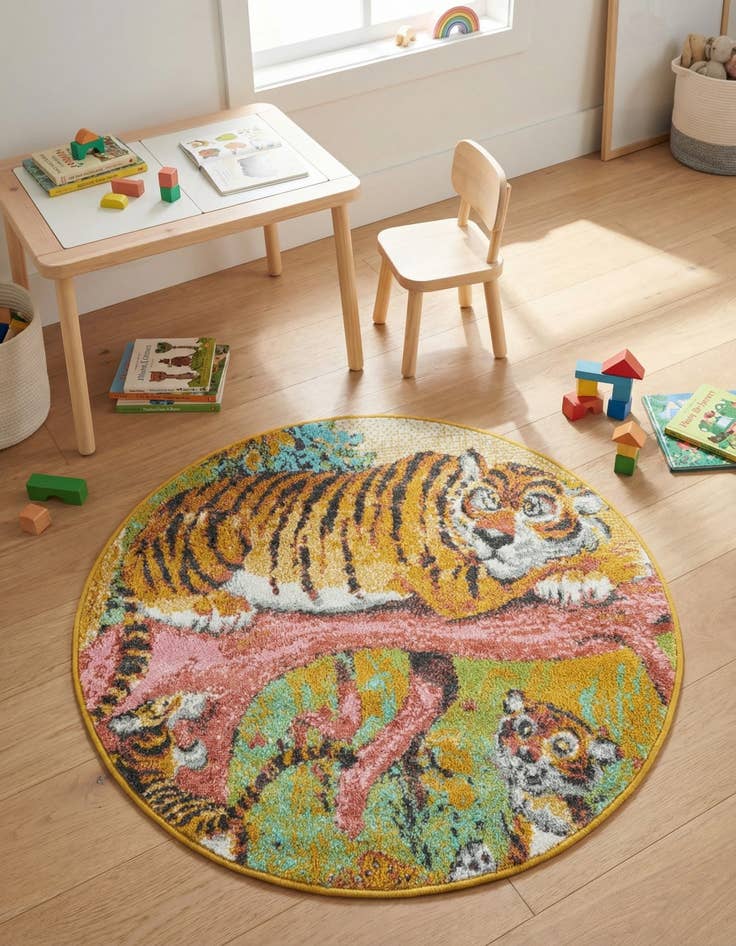 Detail image of 3' 3 x 3' 3 Tiger Whimsy Kids Round Rug