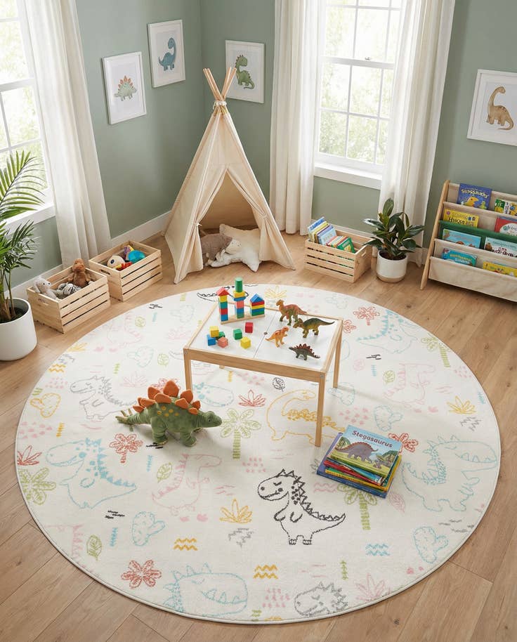Detail image of 7' 10 x 7' 10 Dinosaur Whimsy Kids Round Rug