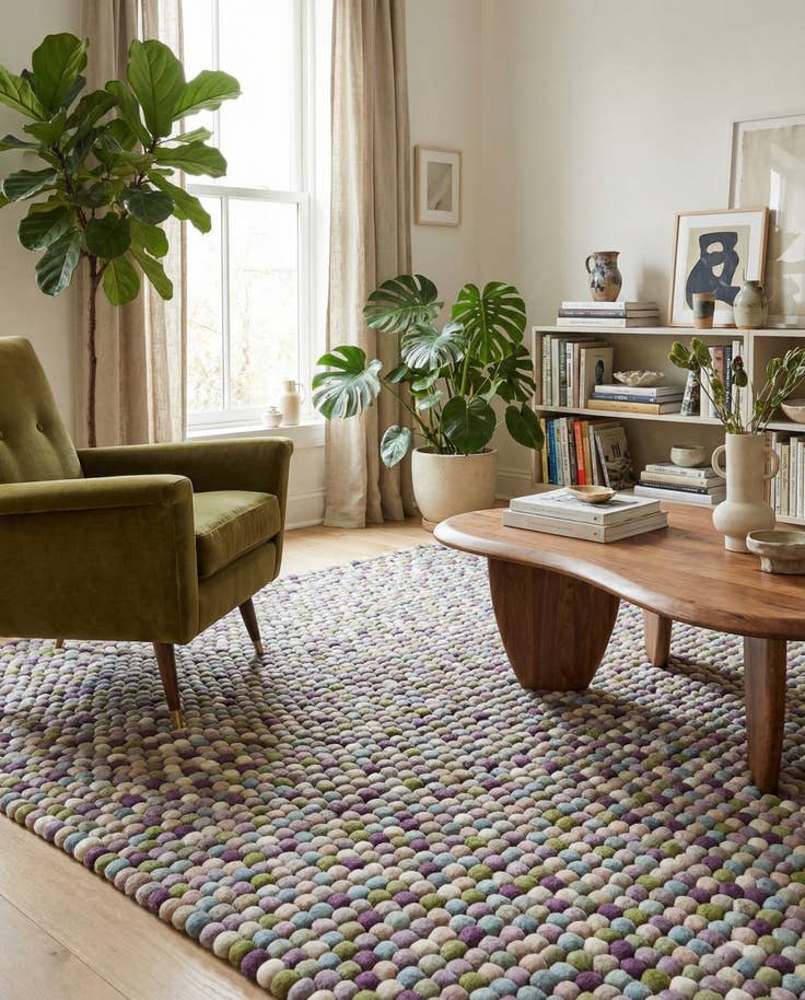 Detail image of 5' 1 x 8' Hand Woven Felt Ball Wool Rug