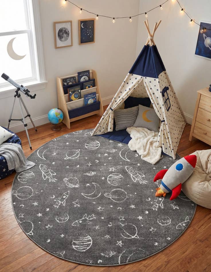Detail image of 7' 10 x 7' 10 Planets Whimsy Kids Round Rug