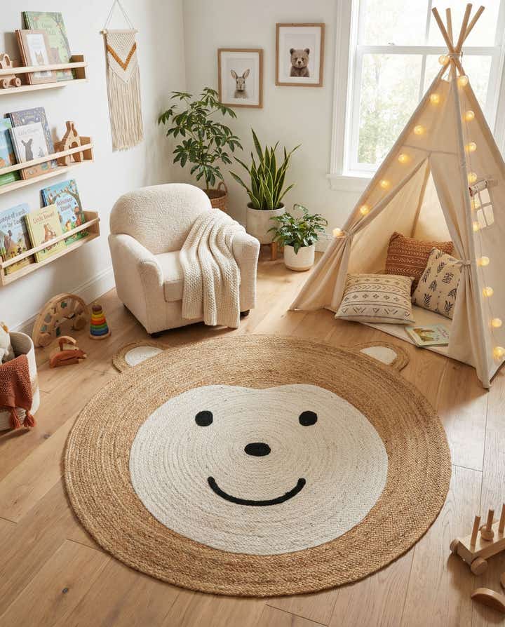 5' 1 x 5' 1 Hand Braided Kids Braided Jute Round Rug