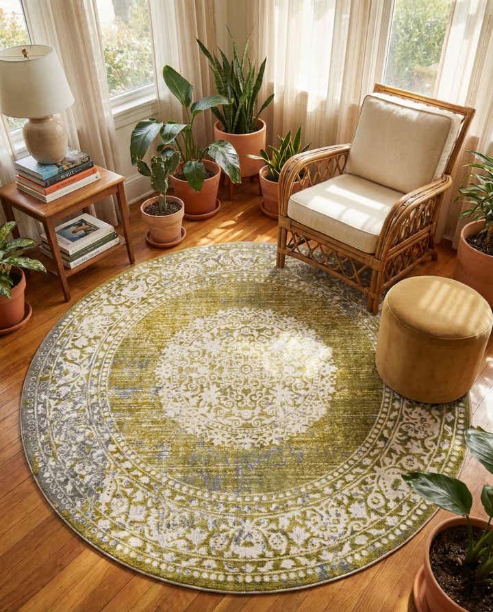 Light Green 185cm x 185cm New Vintage Rund Teppich