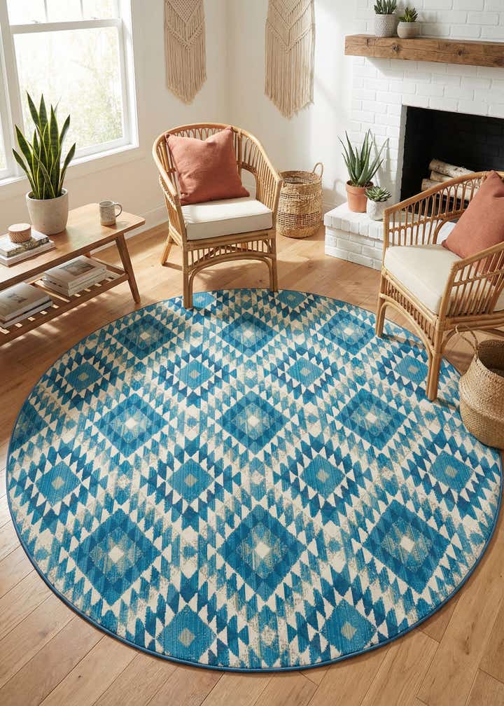 7' 10 x 7' 10 Easy-Clean Southwestern Indoor / Outdoor Round Rug