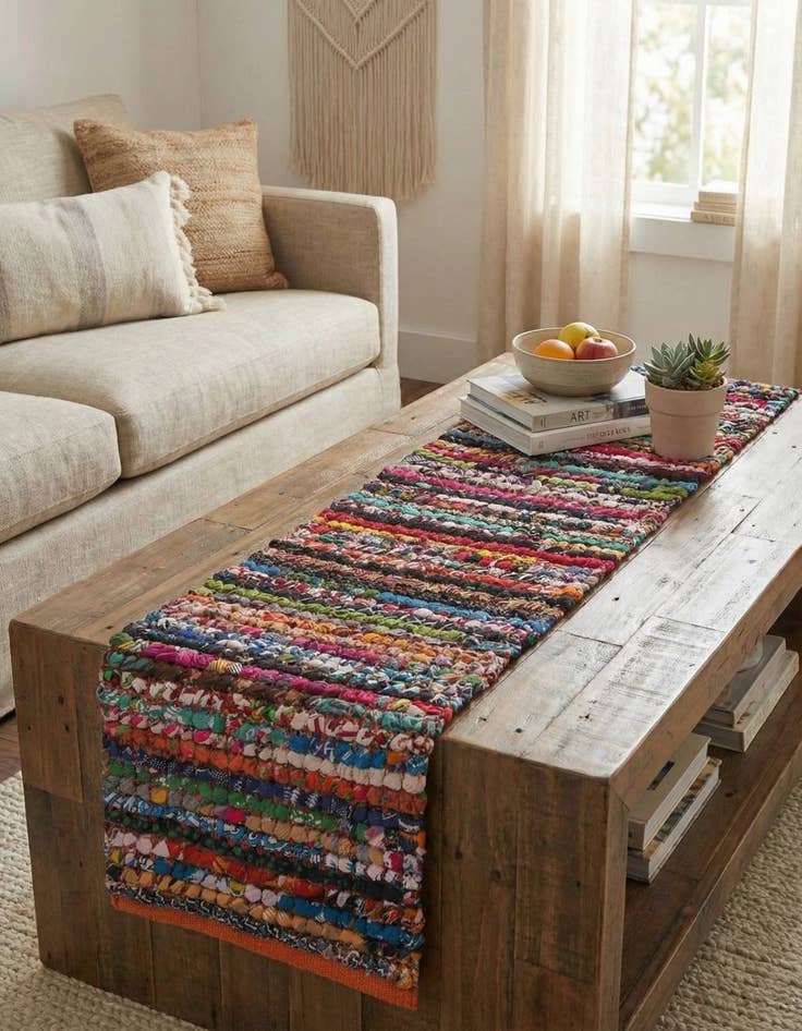 Detail image of 1' 2 x 5' 1 Hand Woven Braided Chindi Table Runner Rug