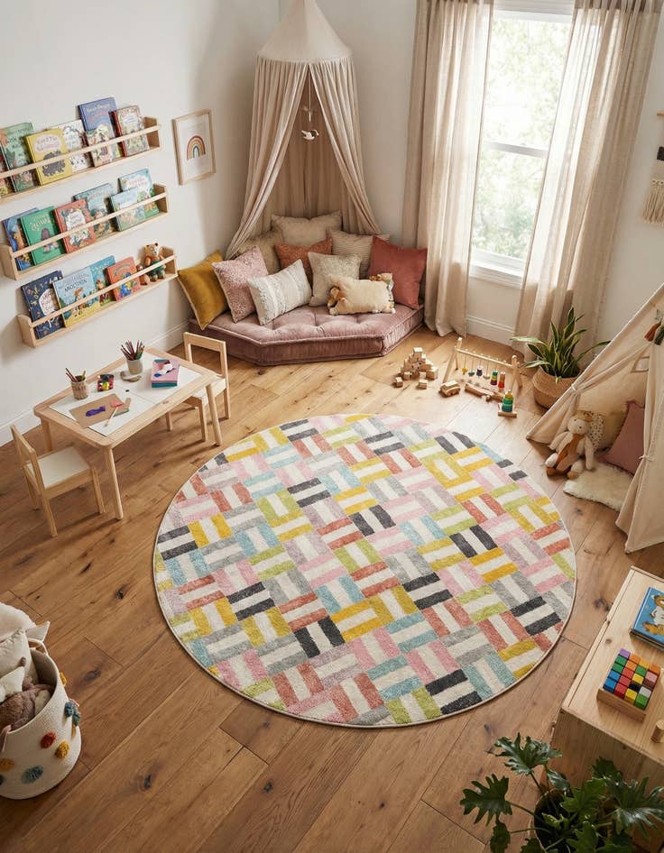 Detail image of 7' 10 x 7' 10 Checkered Whimsy Kids Round Rug