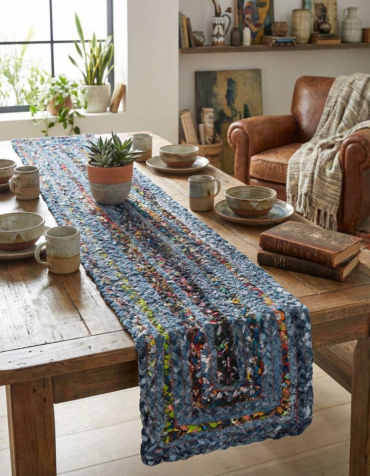 Detail image of 1' 2 x 6' 1  Hand Braided Chindi Table Runner Rug