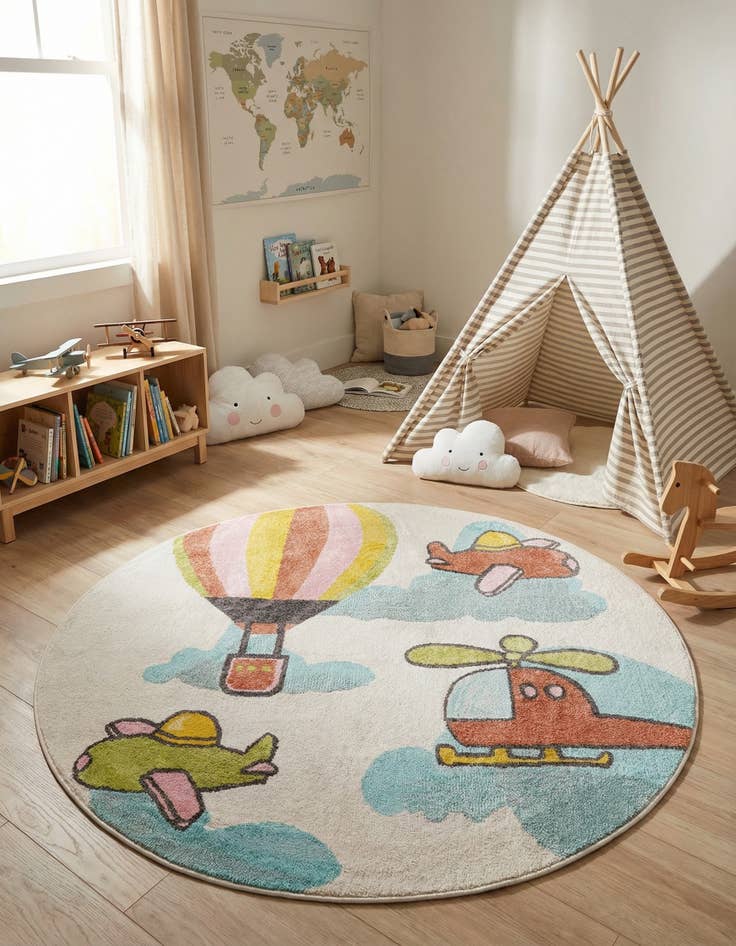 Detail image of 5' 3 x 5' 3 Airplanes Whimsy Kids Round Rug