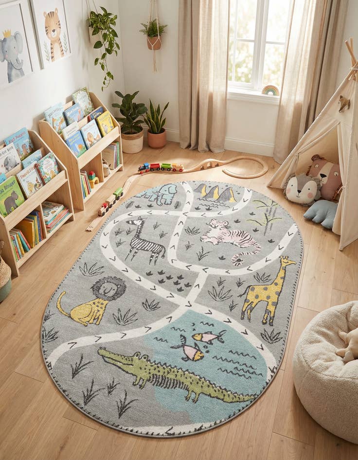Detail image of 5' 3 x 8' Animals Whimsy Kids Oval Rug