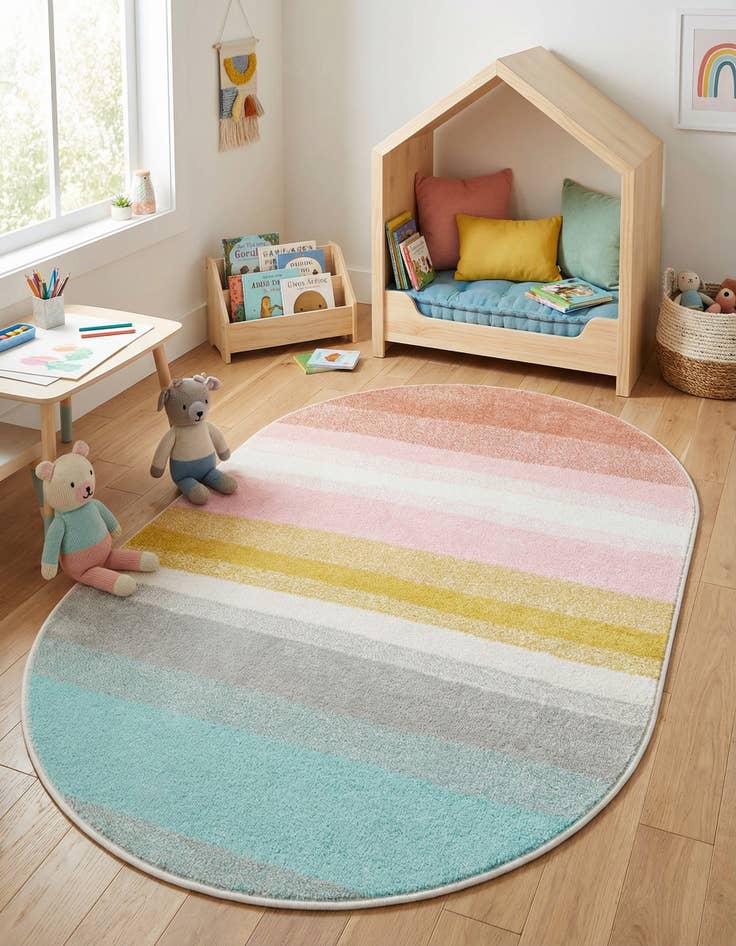Detail image of 3' 3 x 5' 3 Rainbow Stripes Whimsy Kids Oval Rug