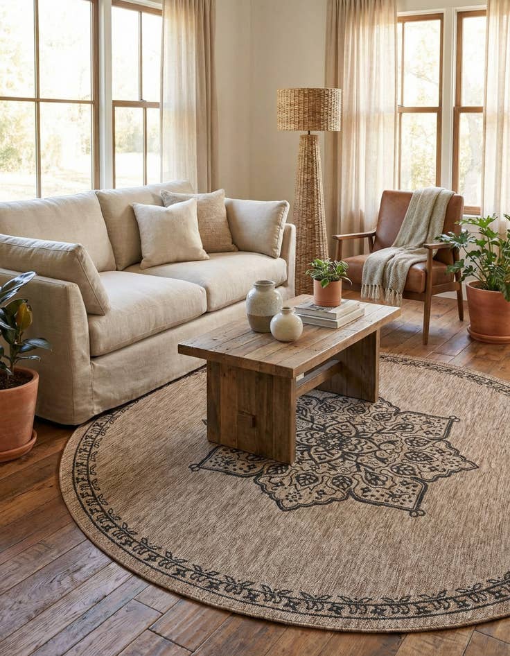 Detail image of 7' 10 x 7' 10 Washable Traditional Indoor / Outdoor Round Rug