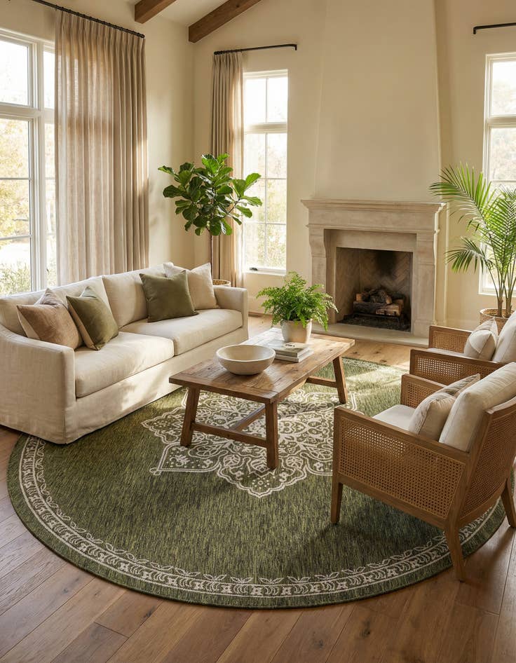 Detail image of 12' x 12'  Washable Traditional Indoor / Outdoor Round Rug