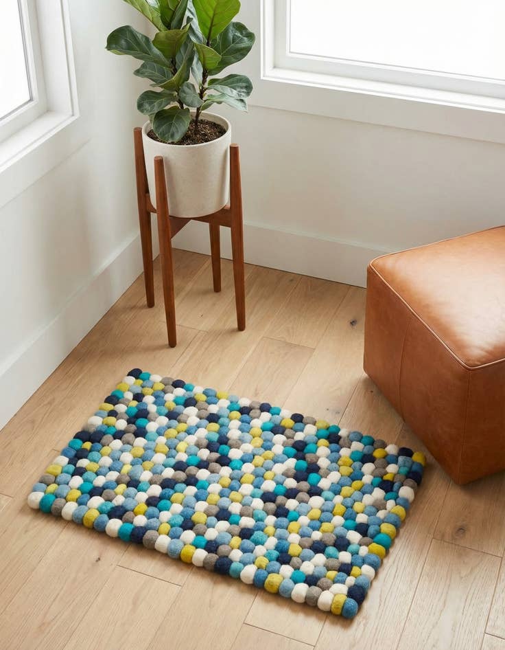 Detail image of  2' x 3' 1  Hand Woven Felt Ball Wool Rug