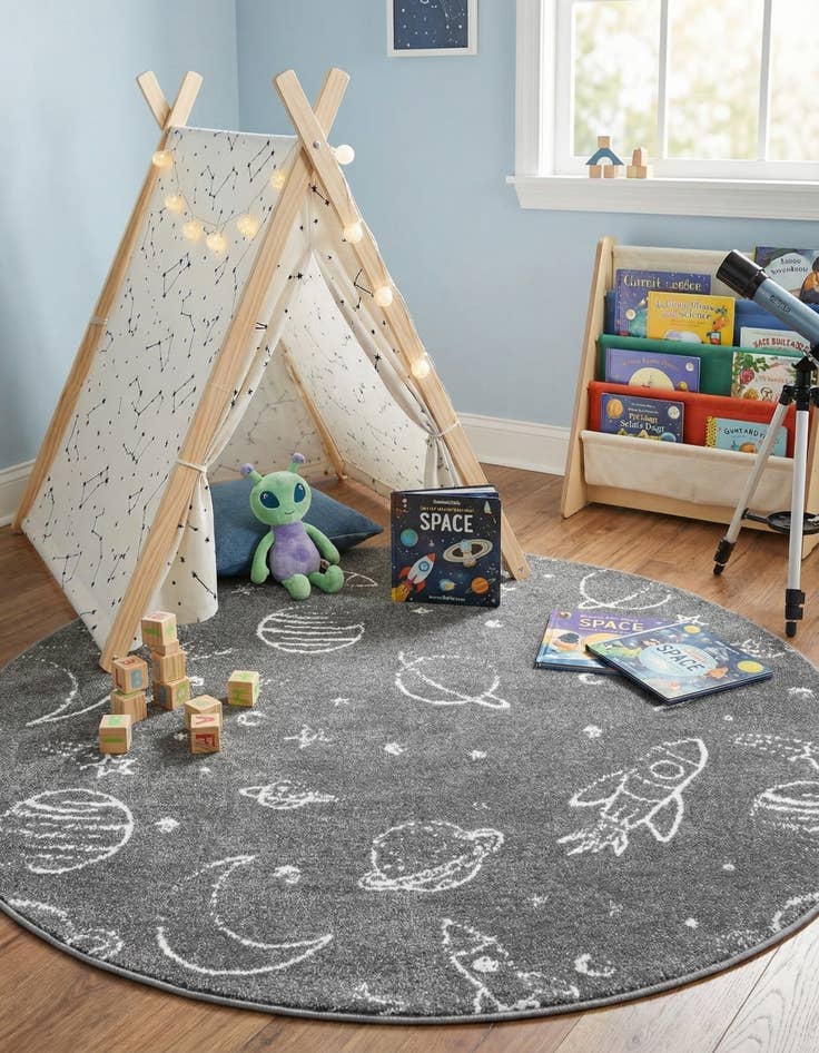 Detail image of 5' 3 x 5' 3 Planets Whimsy Kids Round Rug