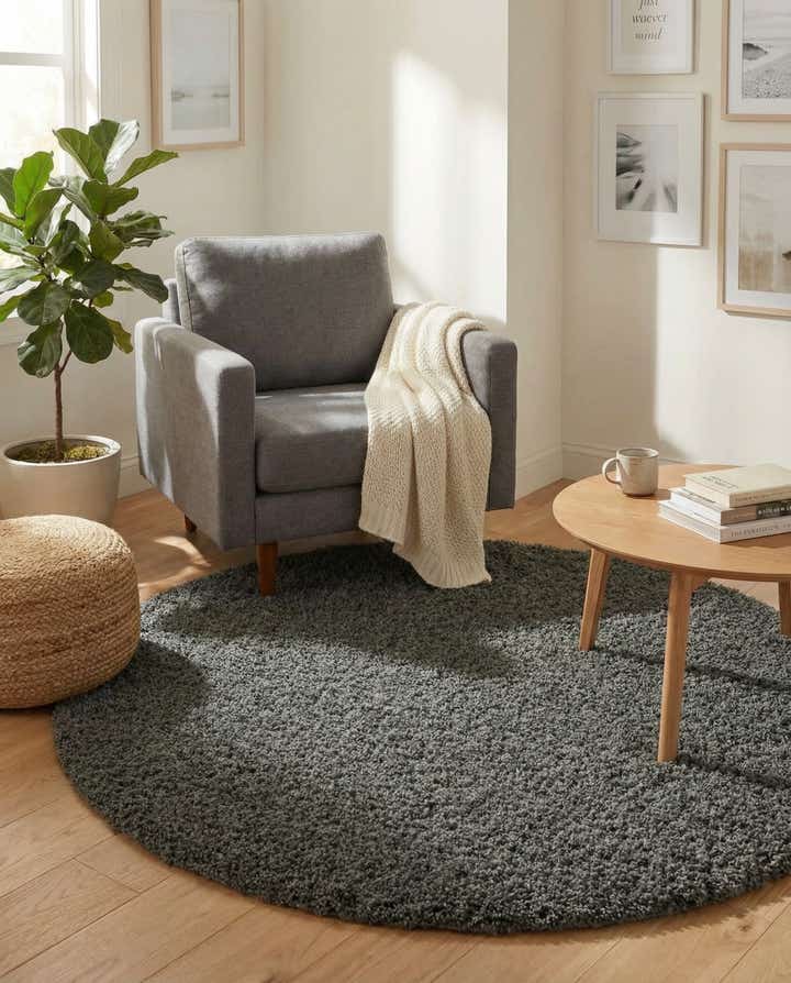 5' 3 x 5' 3 Solid Shag Round Rug