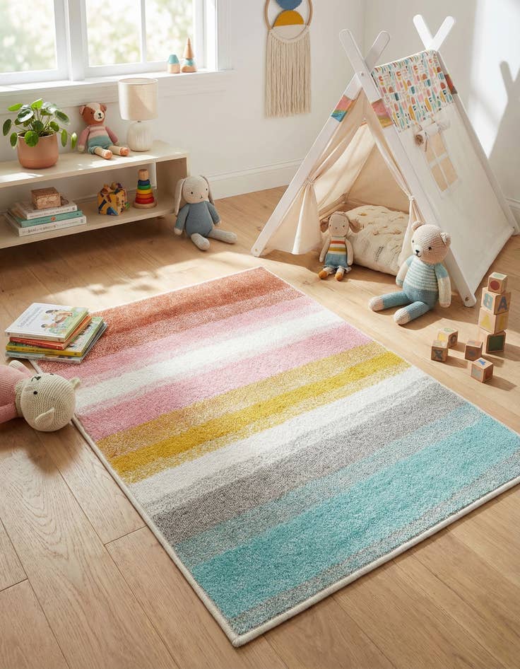Detail image of 2' 2 x 3' Rainbow Stripes Whimsy Kids Rug
