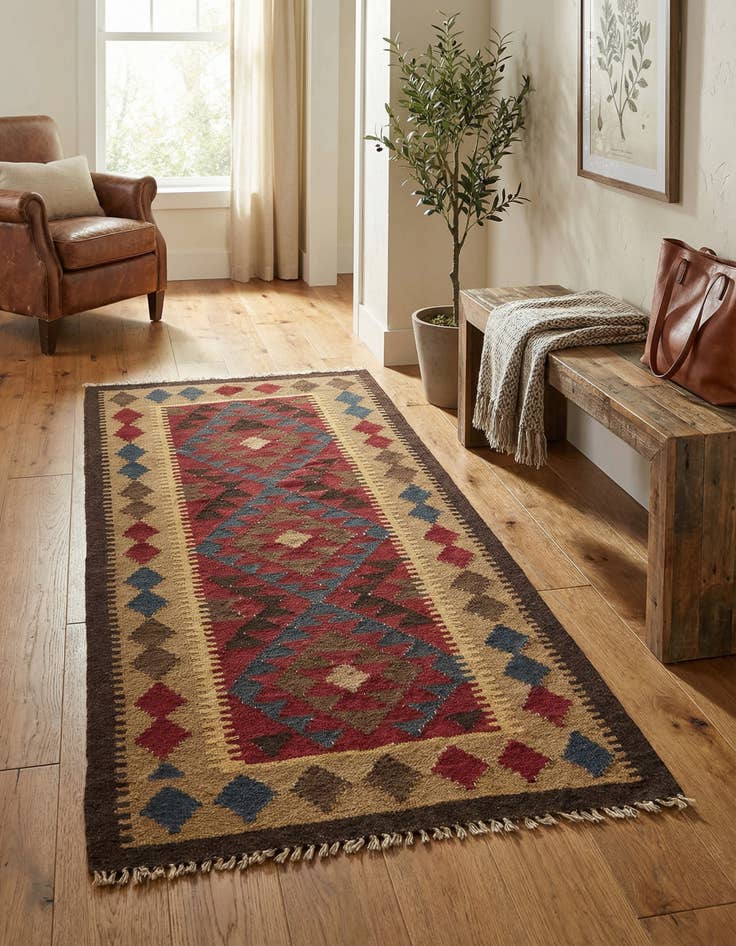 Detail image of 3' 2 x 6' 6 Hand Woven Kilim Maymana Wool Runner Rug