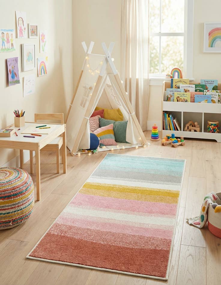 Detail image of 2' 2 x 4' Rainbow Stripes Whimsy Kids Runner Rug