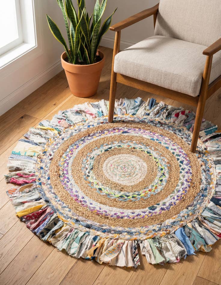 Detail image of 3' 1 x 3' 1  Hand Braided Chindi Jute Round Rug