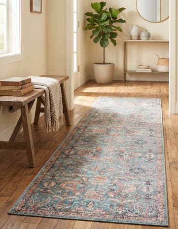 Blue Washable Nostalgia Runner Rug
