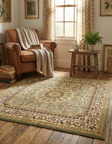 Light Green Classic Aubusson Square Rug