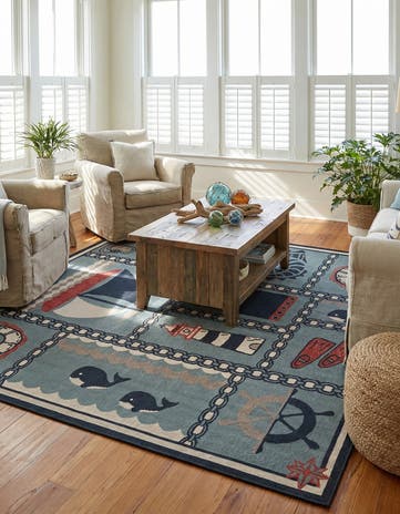 Blue Easy-Clean Coastal Indoor / Outdoor Square Rug