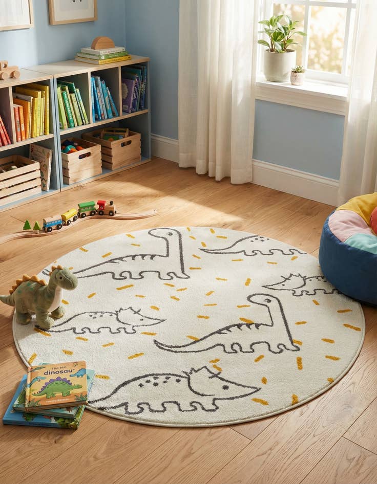 Detail image of 5' 1 x 5' 1 Dinosaur Whimsy Kids Round Rug