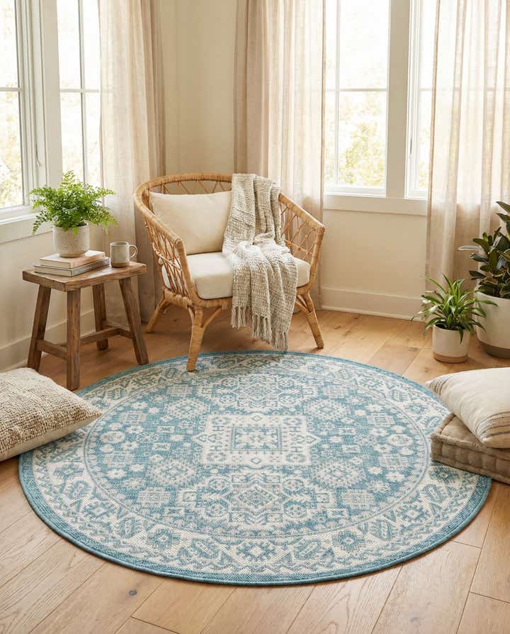 4' x 4' Easy-Clean Aztec Indoor / Outdoor Round Rug