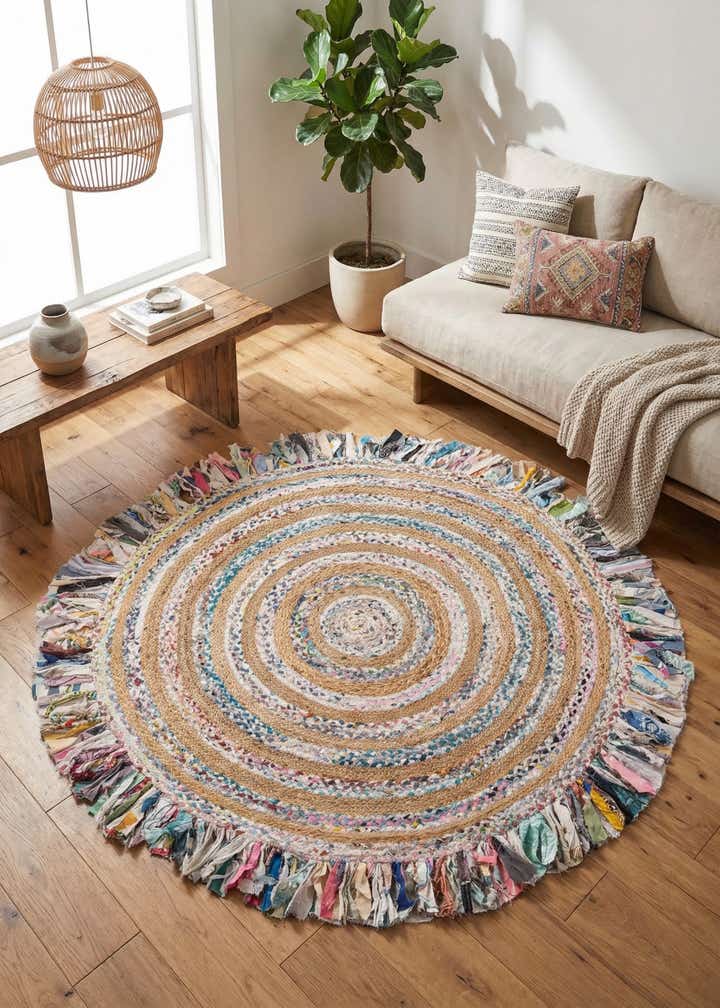 6' 1 x 6' 1 Hand Braided Chindi Jute Round Rug