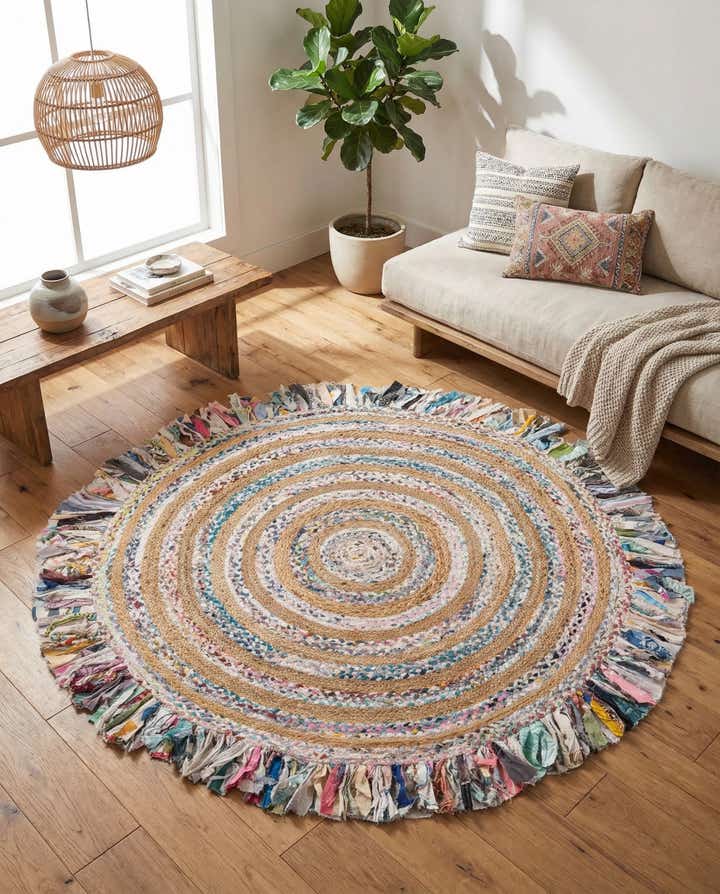 6' 1 x 6' 1 Hand Braided Chindi Jute Round Rug