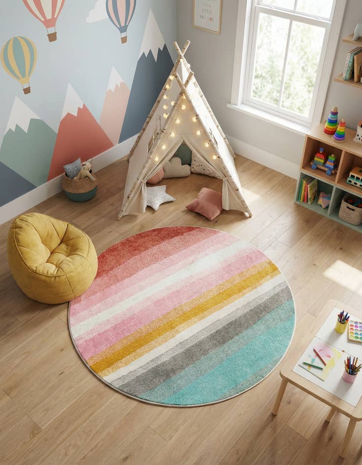 Detail image of 5' 3 x 5' 3 Rainbow Stripes Whimsy Kids Round Rug