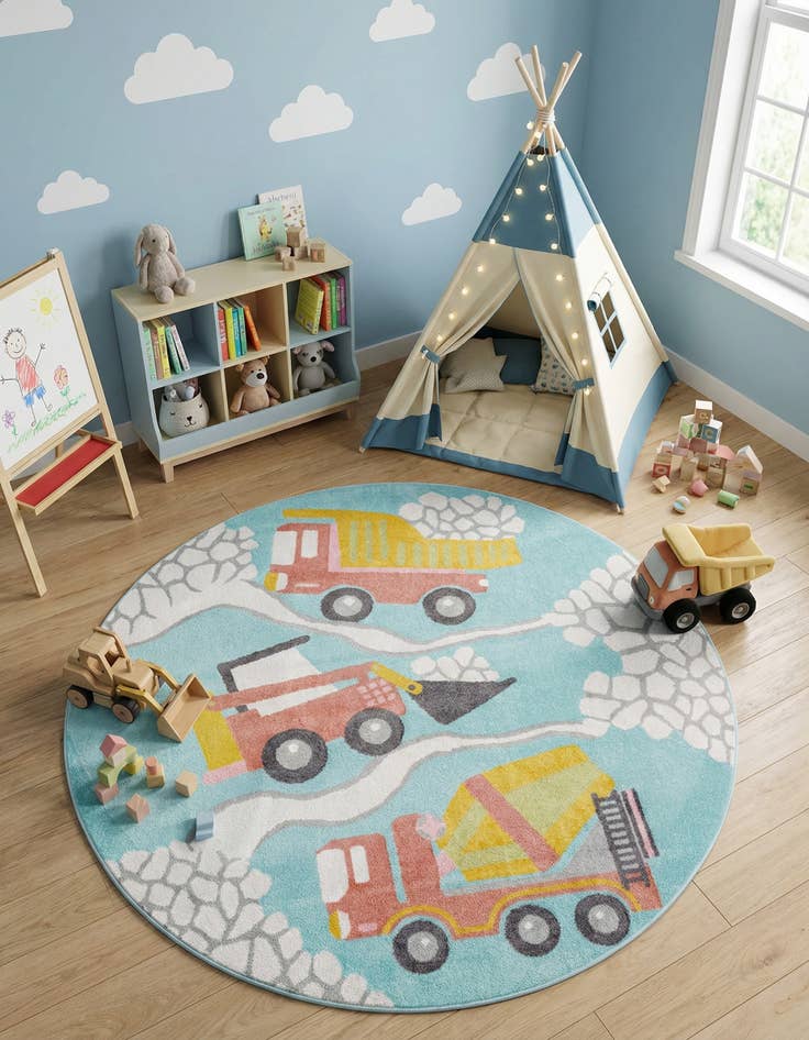 Detail image of 7' 10 x 7' 10 Construction Whimsy Kids Round Rug