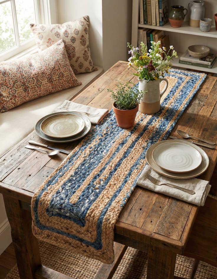 Detail image of 1' 2 x 4' 1 Handmade Braided Chindi Table Runner Rug
