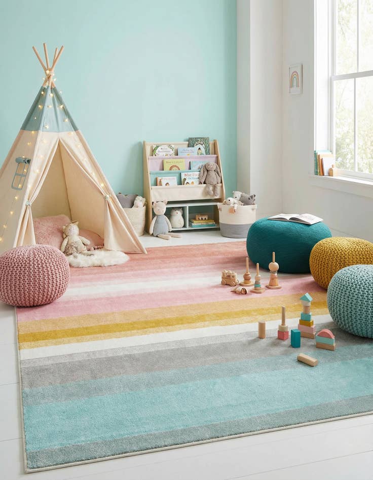 Detail image of 7' 10 x 10' Rainbow Stripes Whimsy Kids Rug