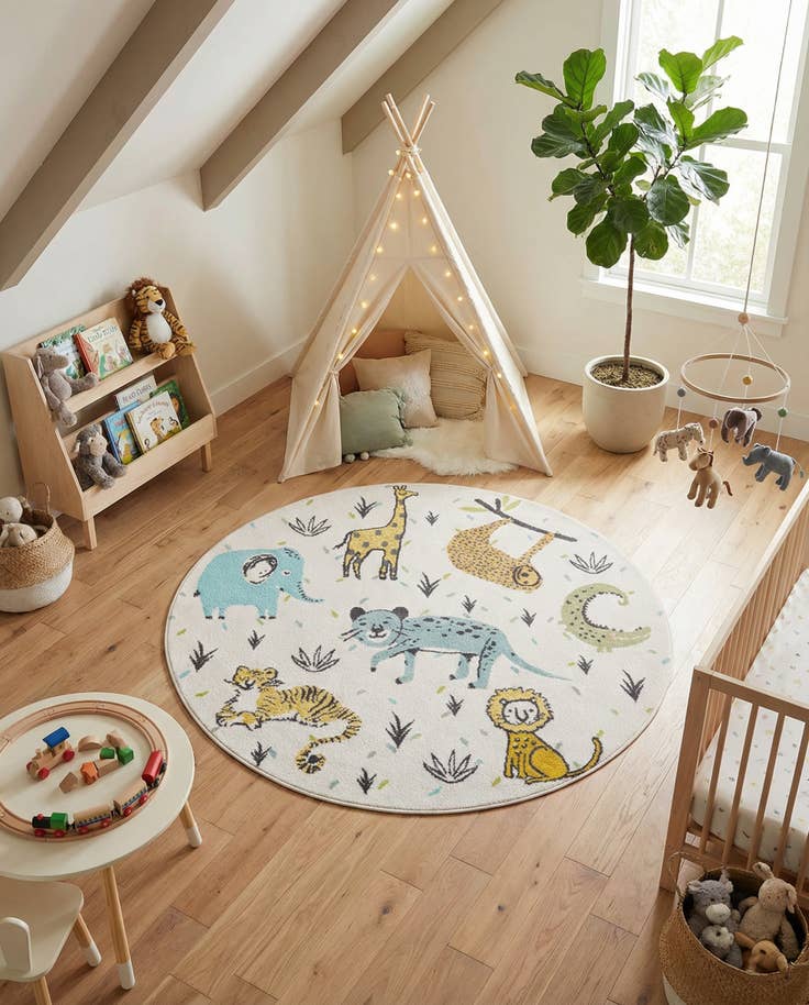 Detail image of 5' 3 x 5' 3 Animals Whimsy Kids Round Rug