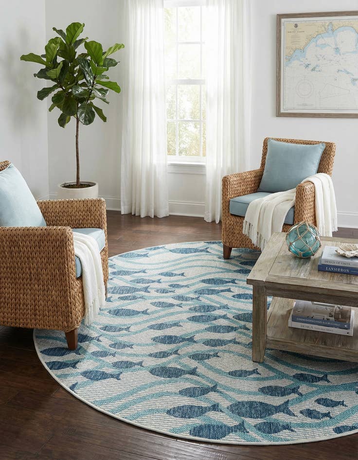 Detail image of 6' 1 x 6' 1 Washable Coastal Indoor / Outdoor Round Rug